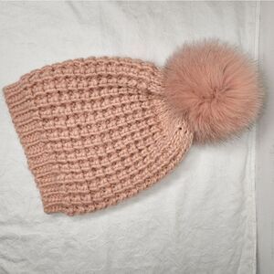 Lord & Taylor fox fur pink knit toque